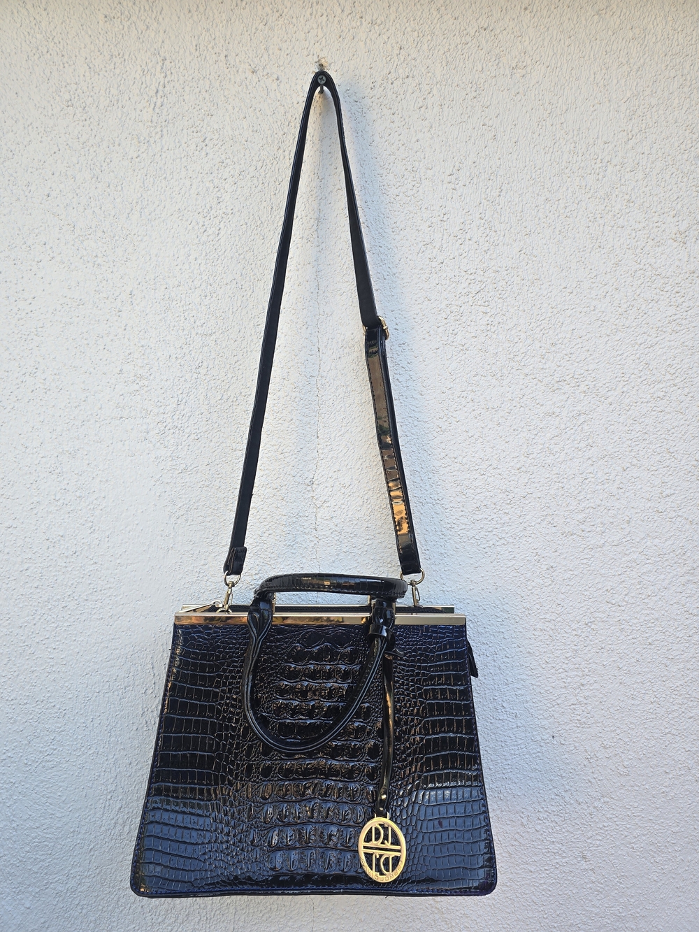 David Jones Black Croc Embossed Structured Satchel Bag with Gold Charm